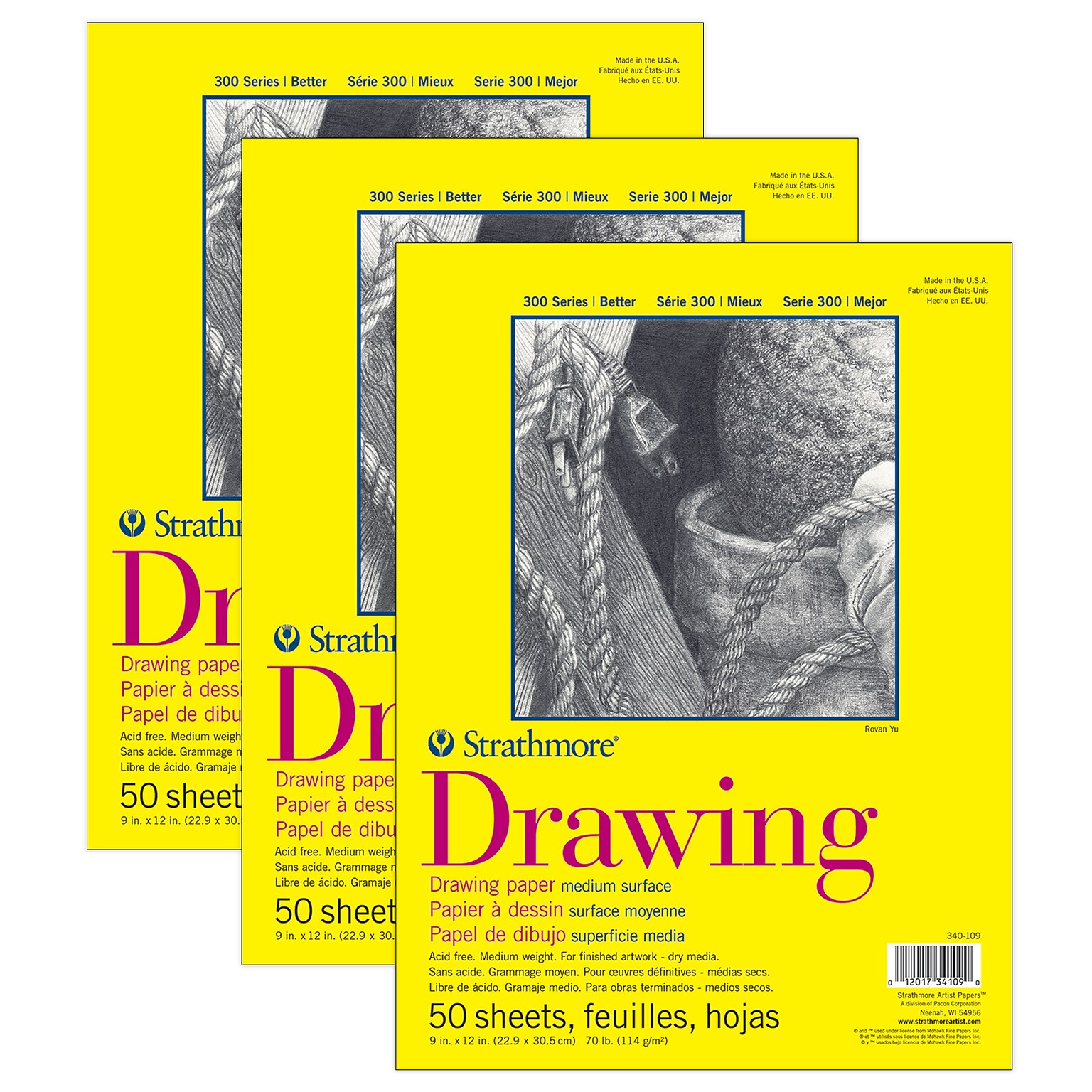 Strathmore 300 Series 9 x 12 Drawing Sketch Pad, 50 Sheets/Pad, 3/Bundle (STTP3401091-3)