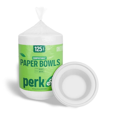 Perk™ Eco Compostable Paper Bowls, 12 Oz., White, 125/Pack (PK61285)