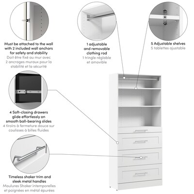 Bestar Florence Closet System, 5 Shelves, 4 Drawers, 36"W x 16"D, White (127605-000017)