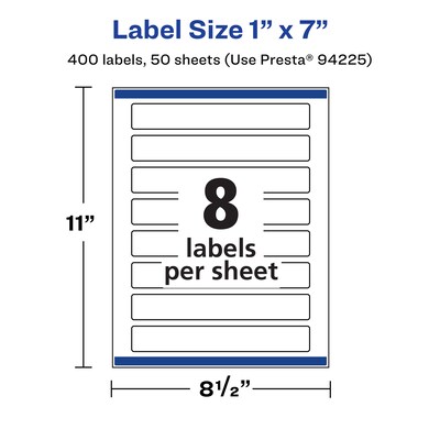 Avery Laser/Inkjet Waterproof Rectangle Multipurpose Labels, 1" x 7", White, 400 Labels/Box (94225)