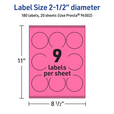 Avery Laser/Inkjet Round Multipurpose Labels, 2.5" Dia., Bright Pink, 180/Pack (94502)