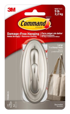 Command Large Traditional Hook, Brushed Nickel, 1 Hook, 2 Strips/Pack (17053BN-EF)