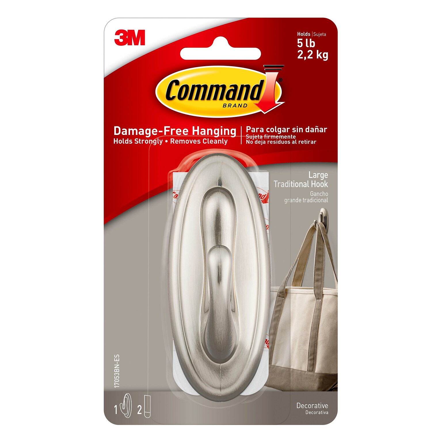 Command Large Traditional Hook, Brushed Nickel, 1 Hook, 2 Strips/Pack (17053BN-EF)