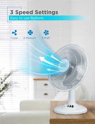 Black & Decker 12" Oscillating Desk Fan, 3-Speed, White (BFDT12SW)