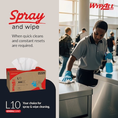 WypAll GeneralClean L10 Paper Cleaning Wipers, 10.25" x 9", White, 125 Wipers/Box, 18/Carton (05320)