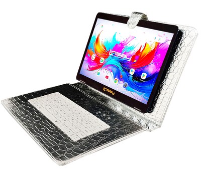 LINSAY F10 Series 10.1 Tablet, Wi-Fi, Octa Core, 256GB eMMC, Android 15, Silver Keyboard Case (F10IPGBDSPLUS)