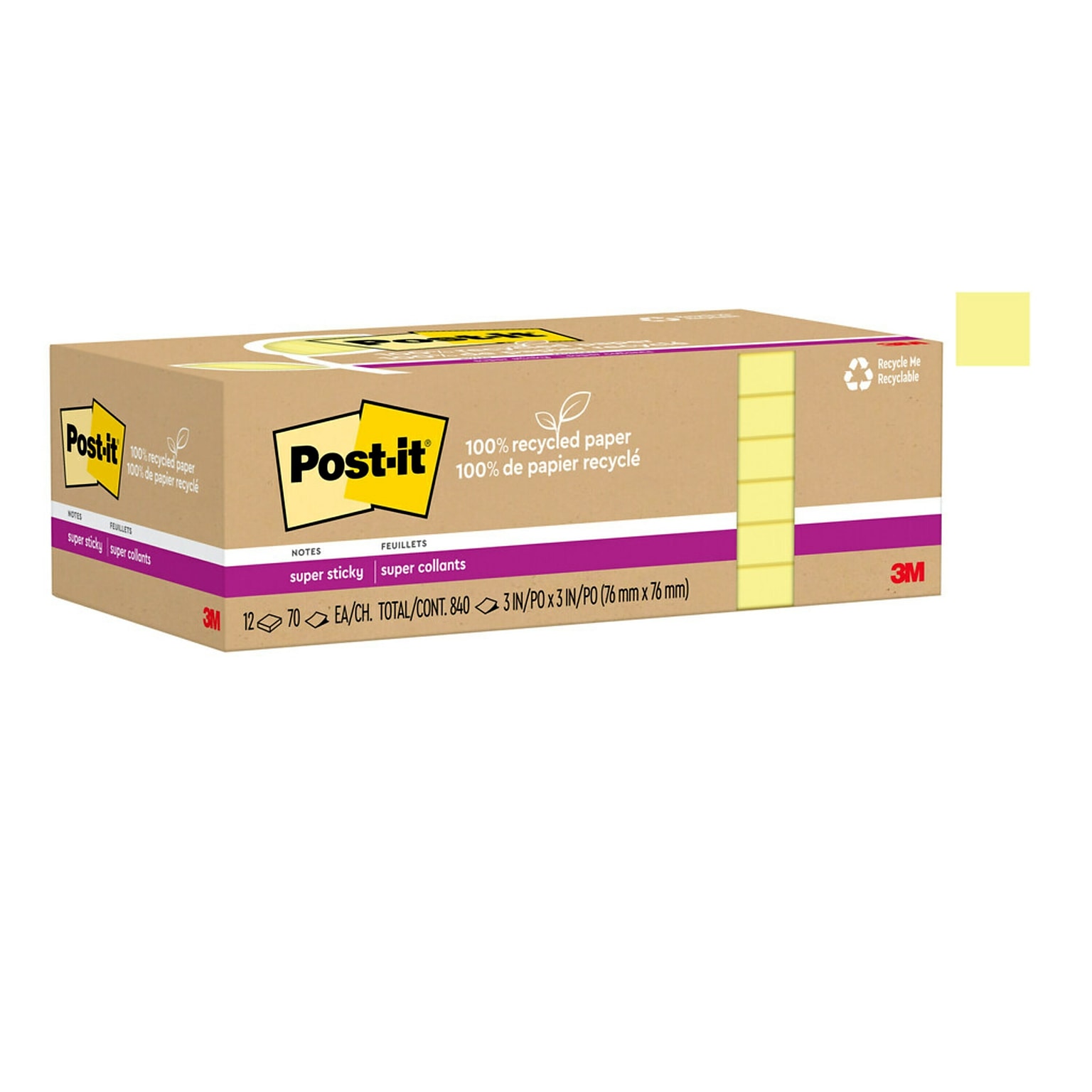 Post-it Recycled Super Sticky Notes, 3 x 3, Canary Collection, 70 Sheet/Pad, 12 Pads/Pack (654R-12SSCY)