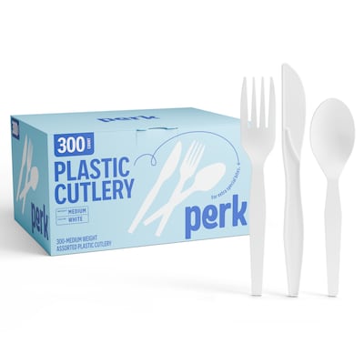 Perk™ Polystyrene Assorted Cutlery, Medium-Weight, White, 300/Pack (PK56406)