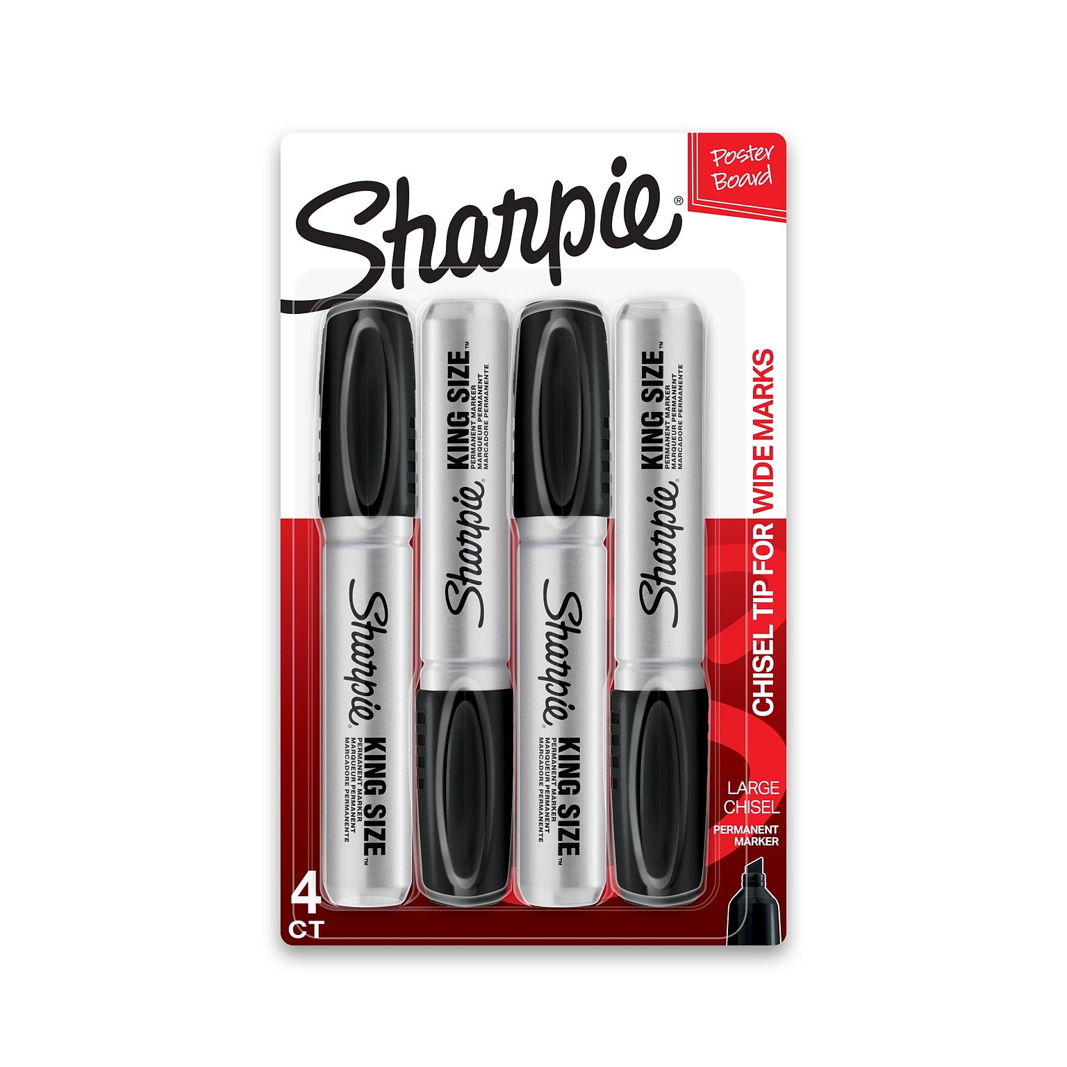 Sharpie King Size Permanent Markers, Chisel Tip, Black, 4/Pack (15661)