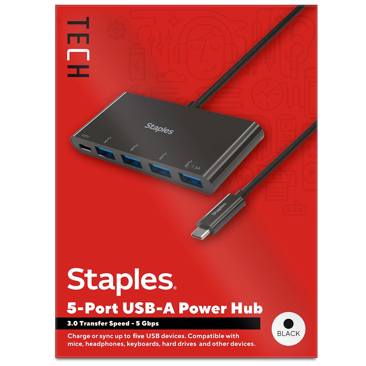 Staples TECH 5-Port USB 3.0 Hub, Black (ST62372)