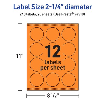 Avery Laser/Inkjet Multipurpose Circle Labels, 2.25" Dia., Bright Orange, 240/Pack (94510)