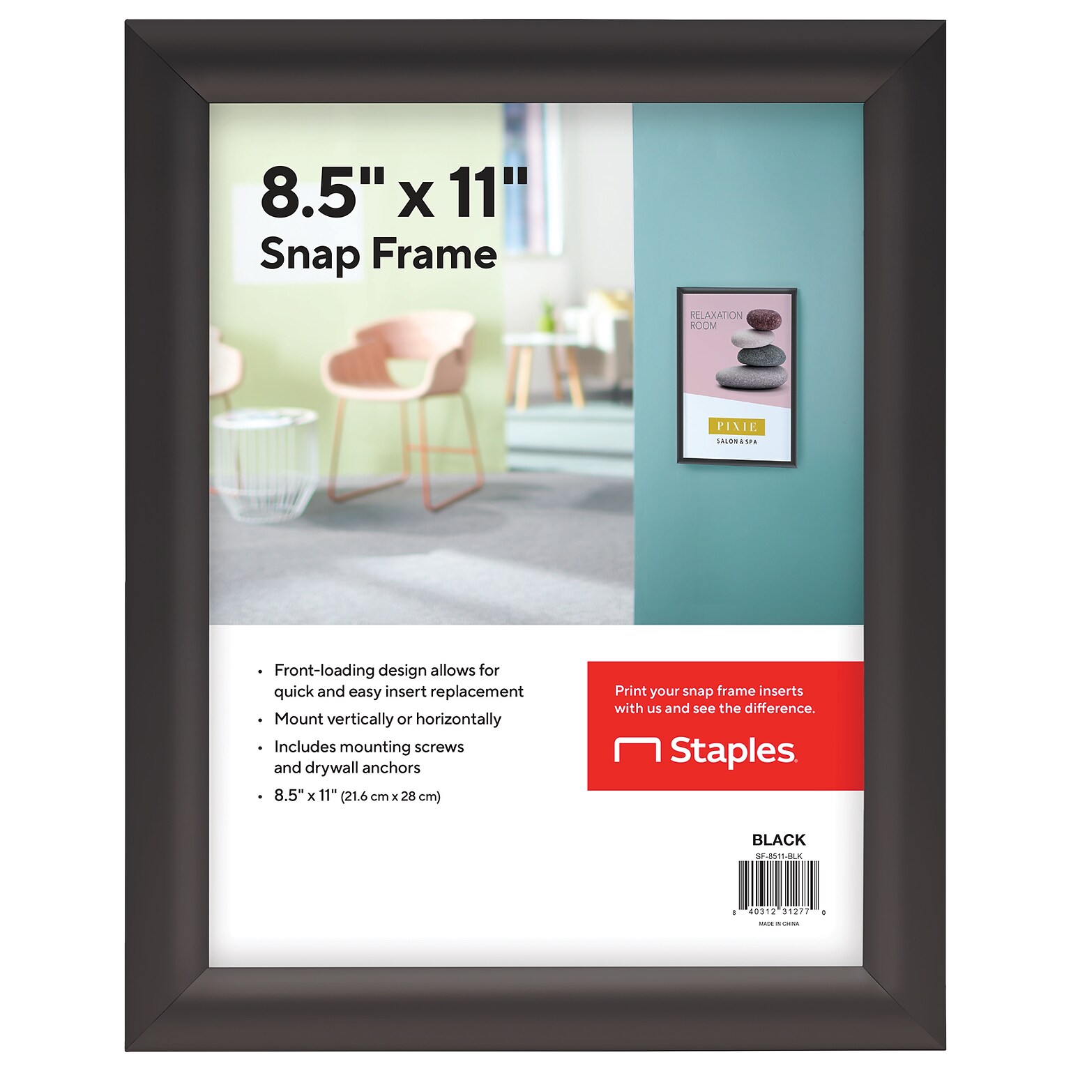 Staples Snap Frame Poster Holder, 8.5 x 11, Wall Mounted, Black Metal (SF-8511-BLK)