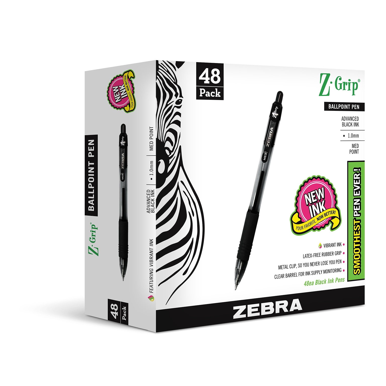 Zebra Z-Grip Retractable Ballpoint Pen, Medium Point, 1.0mm, Black Ink, 48 Pack (22148)
