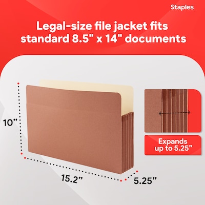 Staples Reinforced File Pocket, 5.25" Expansion, Legal Size, 8.5"x14",  Brown, 10/Box (ST418343)”