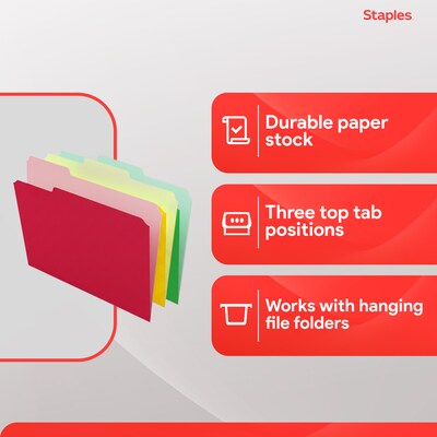 Staples File Folders, 1/3-Cut Tab, Letter Size, Assorted, 100/Pack (ST22953-CC)