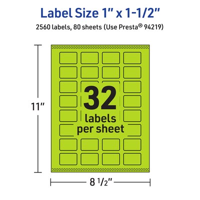 Avery Laser/Inkjet Multipurpose Rectangle Labels, 1" x 1.5", Bright Green, 2560/Box (94219)