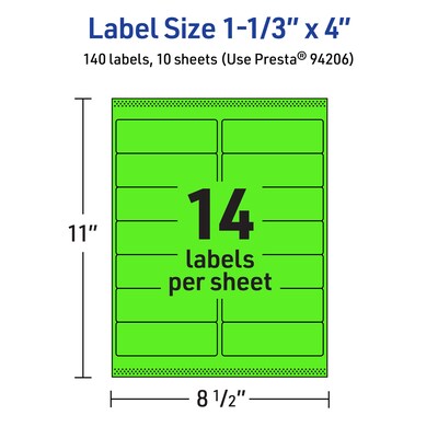Avery Rectangle Multipurpose Labels, 1-1/3" x 4", Neon Green, 140/Pack (94206)