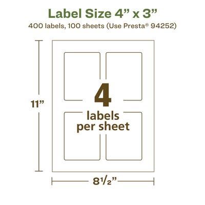 Avery EcoFriendly Laser/Inkjet Rectangle Multipurpose Labels, 4" x 3", White, 400/Box (94252)