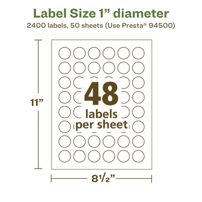 Avery EcoFriendly Laser/Inkjet Circle Multipurpose Labels, 1" Dia., White, 2400/Box (94500)