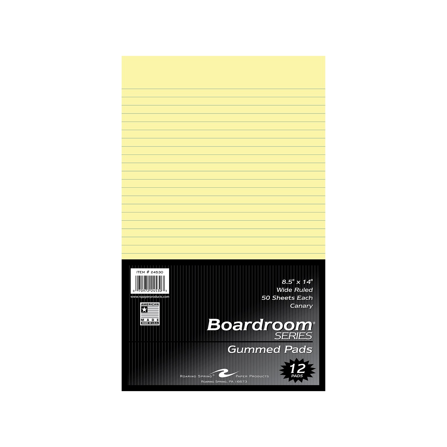 Roaring Spring Paper Products Boardroom Series Notepad, 8.5 x 14, Wide Ruled, Canary, 50 Sheets/Pad, 48 Pads/Carton