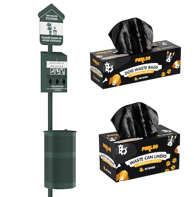 Furloo Steel Outdoor Pet Waste Station Kit with Roll Bag Dispenser, 11.5 Gallon, Green (FLO1R-S-G-B)