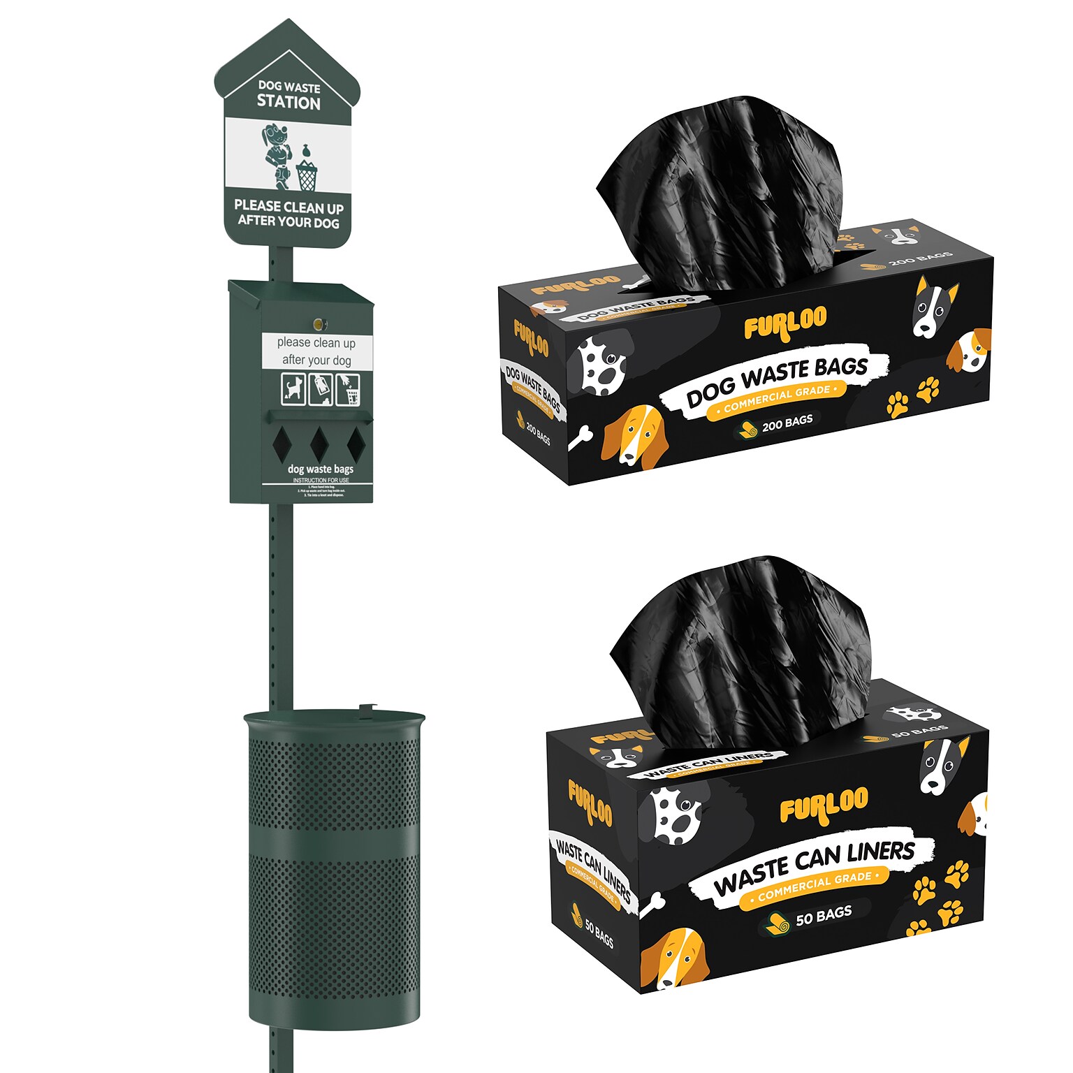 Furloo Steel Outdoor Pet Waste Station Kit with Roll Bag Dispenser, 11.5 Gallon, Green (FLO1R-S-G-B)