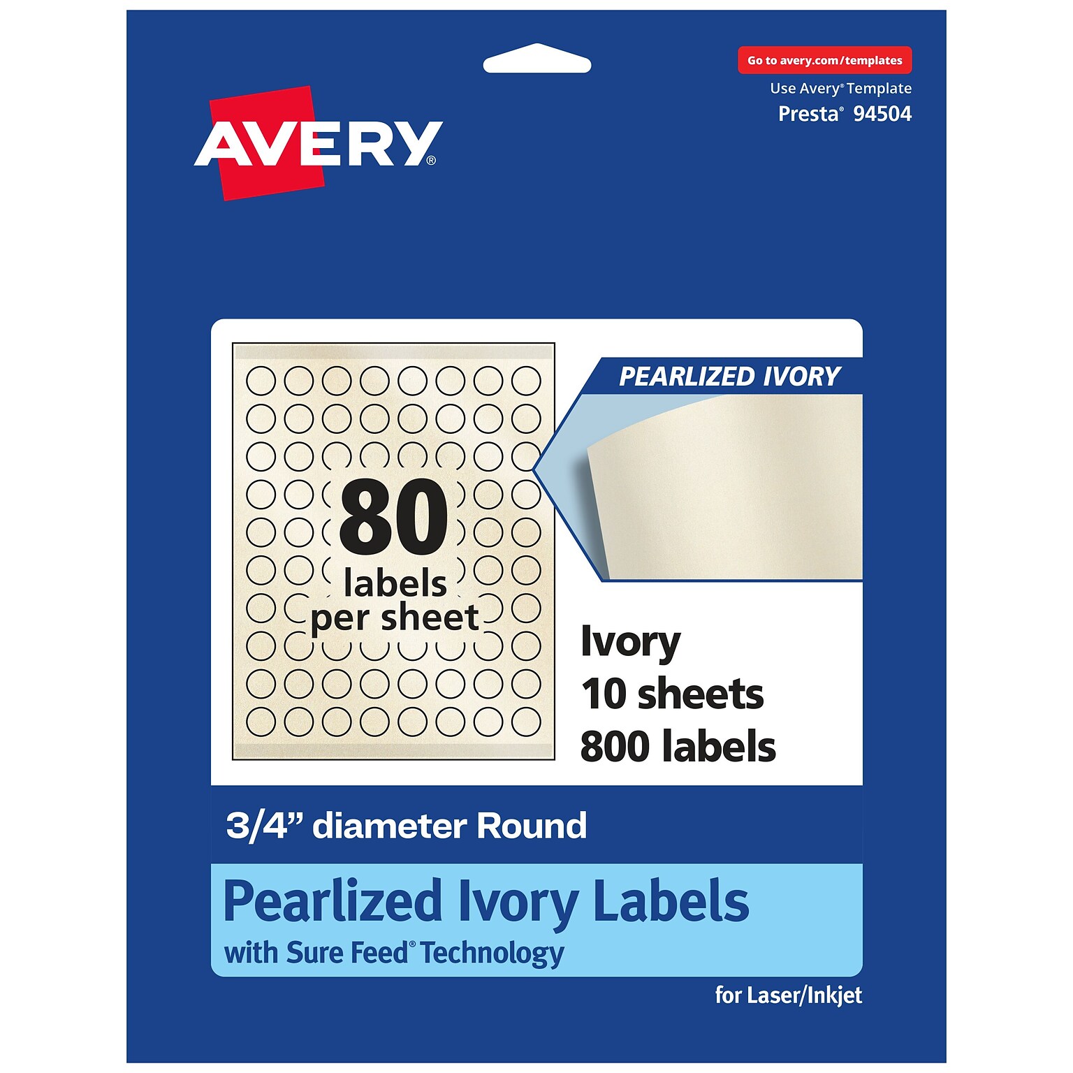 Avery Laser/Inkjet Round Multipurpose Labels, 0.75 Dia., Ivory, 800 Labels/Pack (94504)