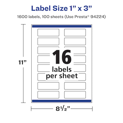 Avery Laser/Inkjet Multipurpose Labels, 1" x 3", White, 16 Labels/Sheet, 100 Sheets/Pack (94224)