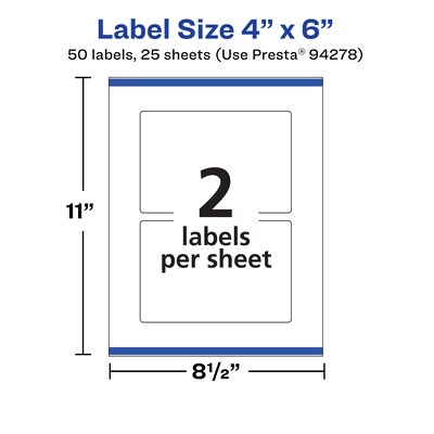 Avery Laser/Inkjet Rectangle Multipurpose Labels, 4" x 6", White, 50 Labels/Pack (94278)