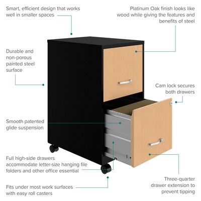 Space Solutions 2-Drawer Mobile File Cabinet, Letter Size, Lockable, 26.7"H x 14.25"W x 18"D, Black/Platinum Oak (25855)