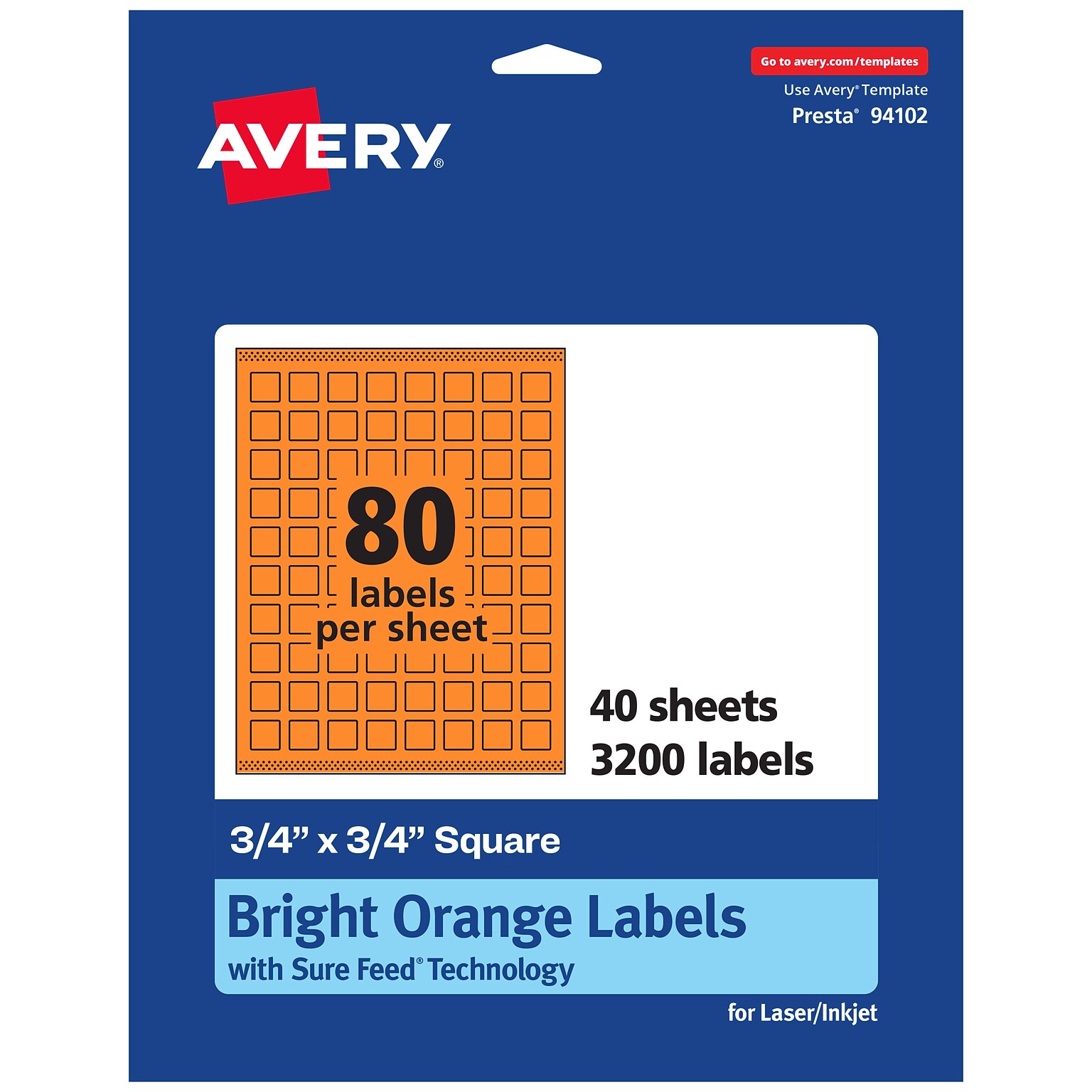 Avery Laser/Inkjet Multipurpose Square Labels, 0.75 x 0.75, Bright Orange, 3200/Pack (94102)