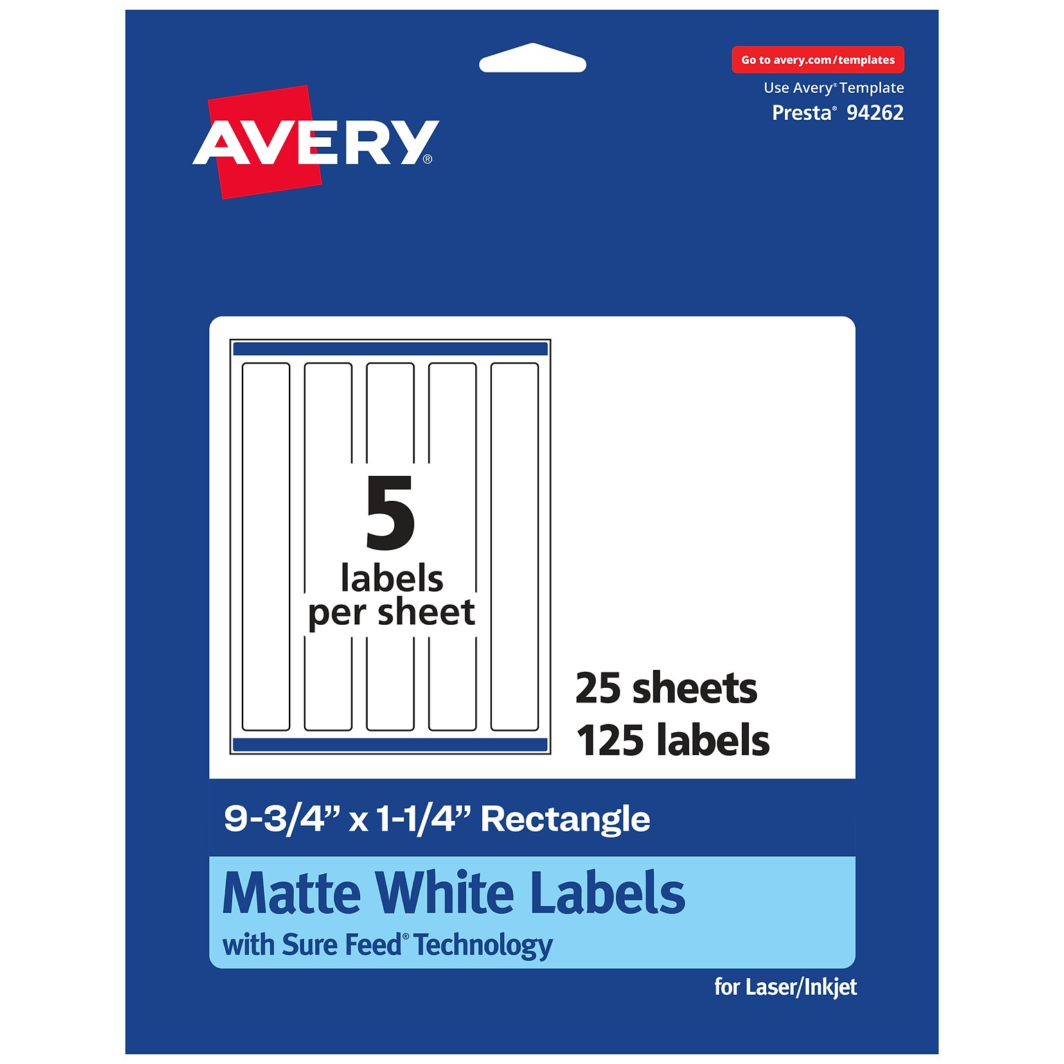 Avery Laser/Inkjet Multipurpose Rectangle Labels, 9.75 x 1.25, White, 125 Labels/Pack (94262)