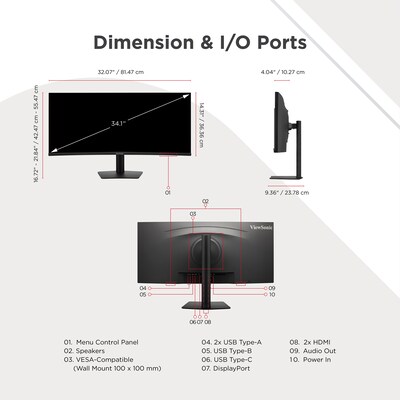 ViewSonic 34" Curved UWQHD 120Hz Monitor, Built-In Speaker, Universal Docking Station, Adjustable, HDR10, Black (VG3420C)