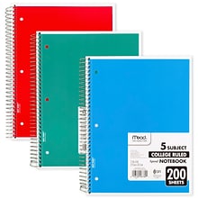 Mead 5-Subject Notebook, 8.5 x 11, College Ruled, 200 Sheets, Assorted Colors, Each (06780)