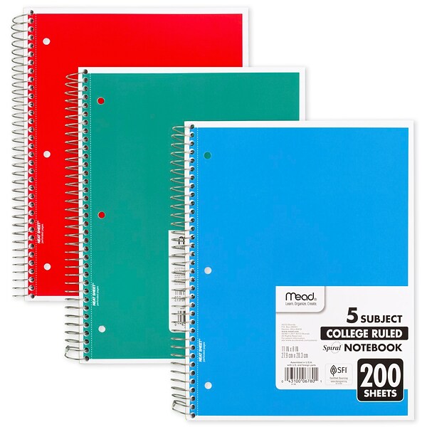 Mead Spiral 5-Subject Notebook, 8.5 x 11, College Ruled, 200 Sheets, Assorted (06780)