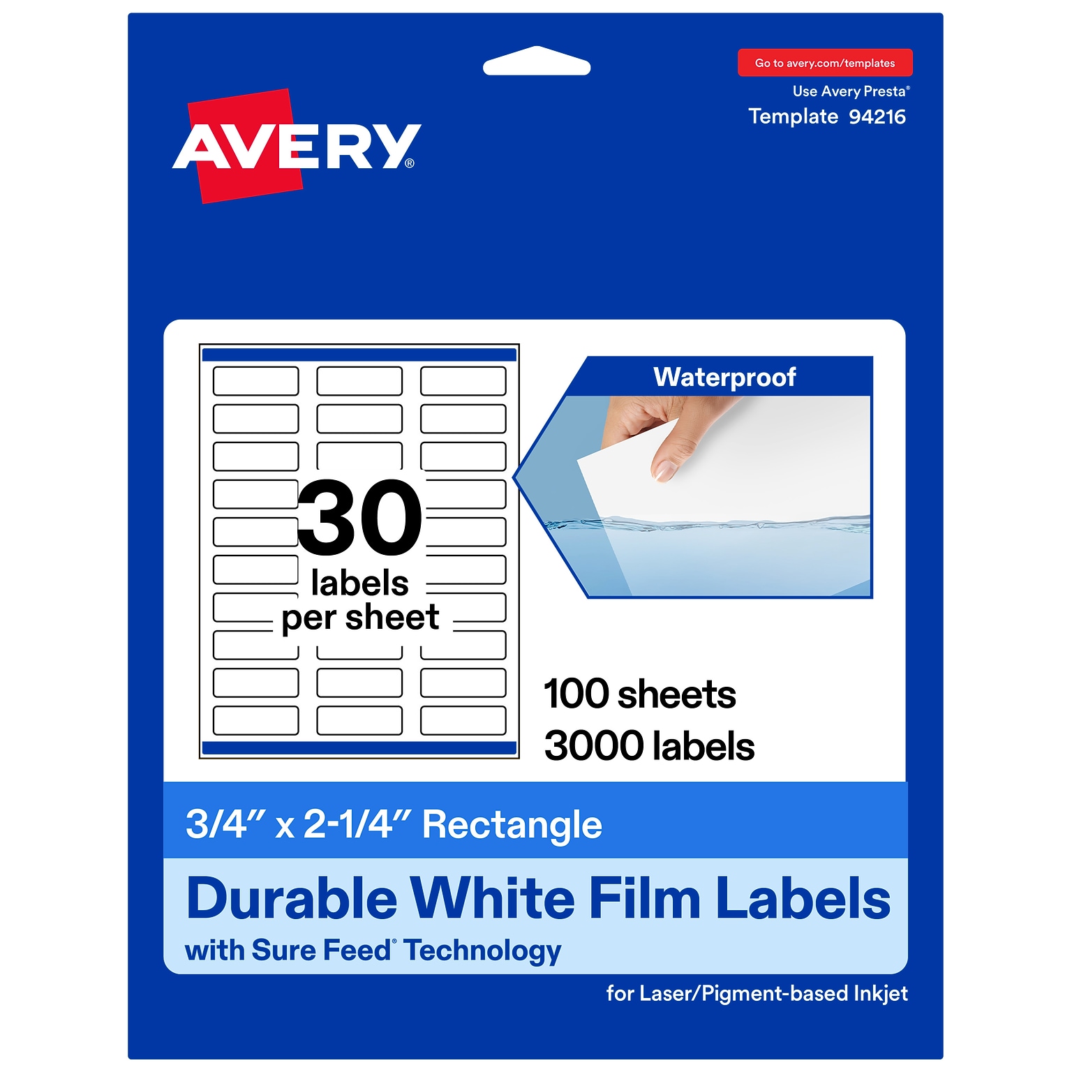 Avery Laser/Inkjet Rectangle Multipurpose Labels, 0.75 x 2.25, White, 3000 Labels/Box (94216)