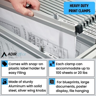 AdirOffice Hanging Clamp Document Holder, 42", Horizontal, Silver Aluminum, 12/Pack (ADI6056--2)