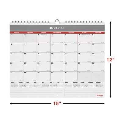 2025-2026 Staples 15" x 12" Academic Monthly Calendar, Gray/Red (ST62816-25)