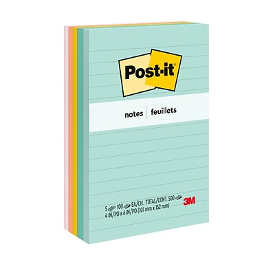 Post-it® Notes, 4 x 6, Beachside Café Collection, Lined, 100 Sheets/Pad, 5 Pads/Pack (660-5PK-AST)