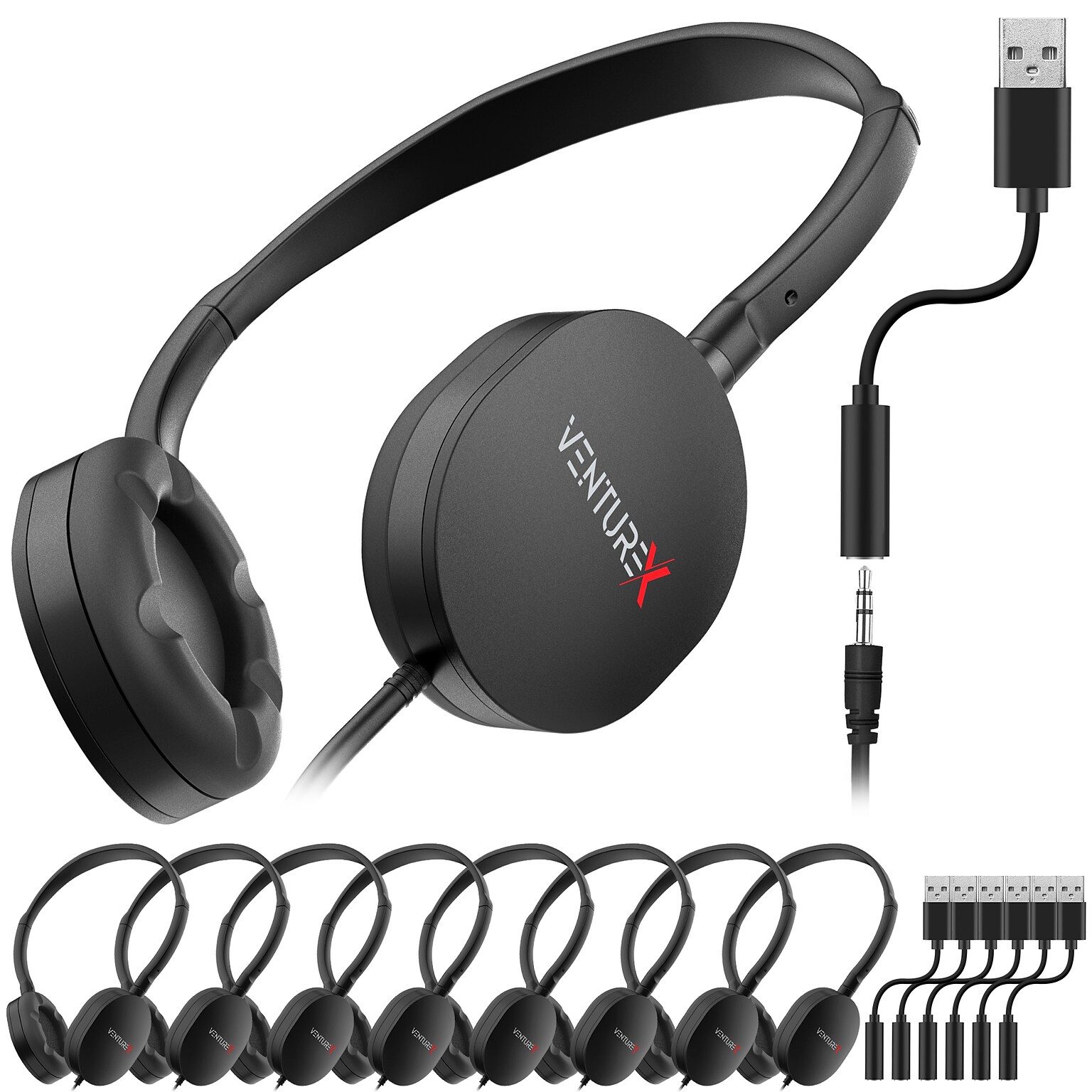 VentureX K22 Stereo Kids Learning Phone & Computer Headphone, 3.5mm & USB-A Adapter, Black, 50/Pack (VHPK22BD2M50)