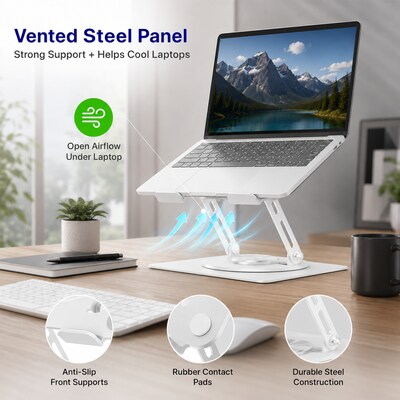 Uncaged Ergonomics Adjustable Swivel Laptop Stand for Desk, Steel, 360° Rotation, Up to 16", White