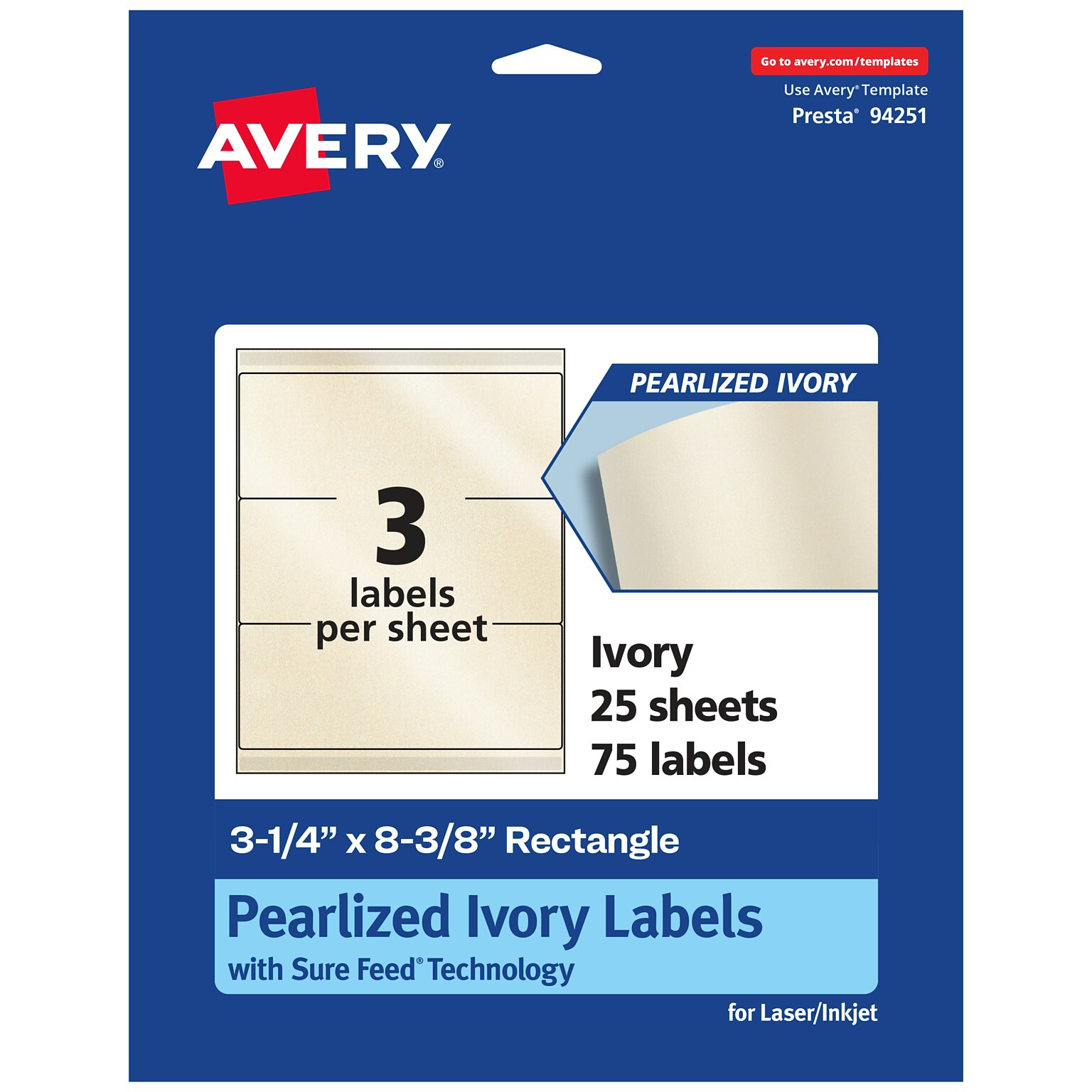 Avery Pearlized Ivory Rectangle Multipurpose Labels, 3-1/4 x 8-3/8, Ivory, 75/Pack (94251)