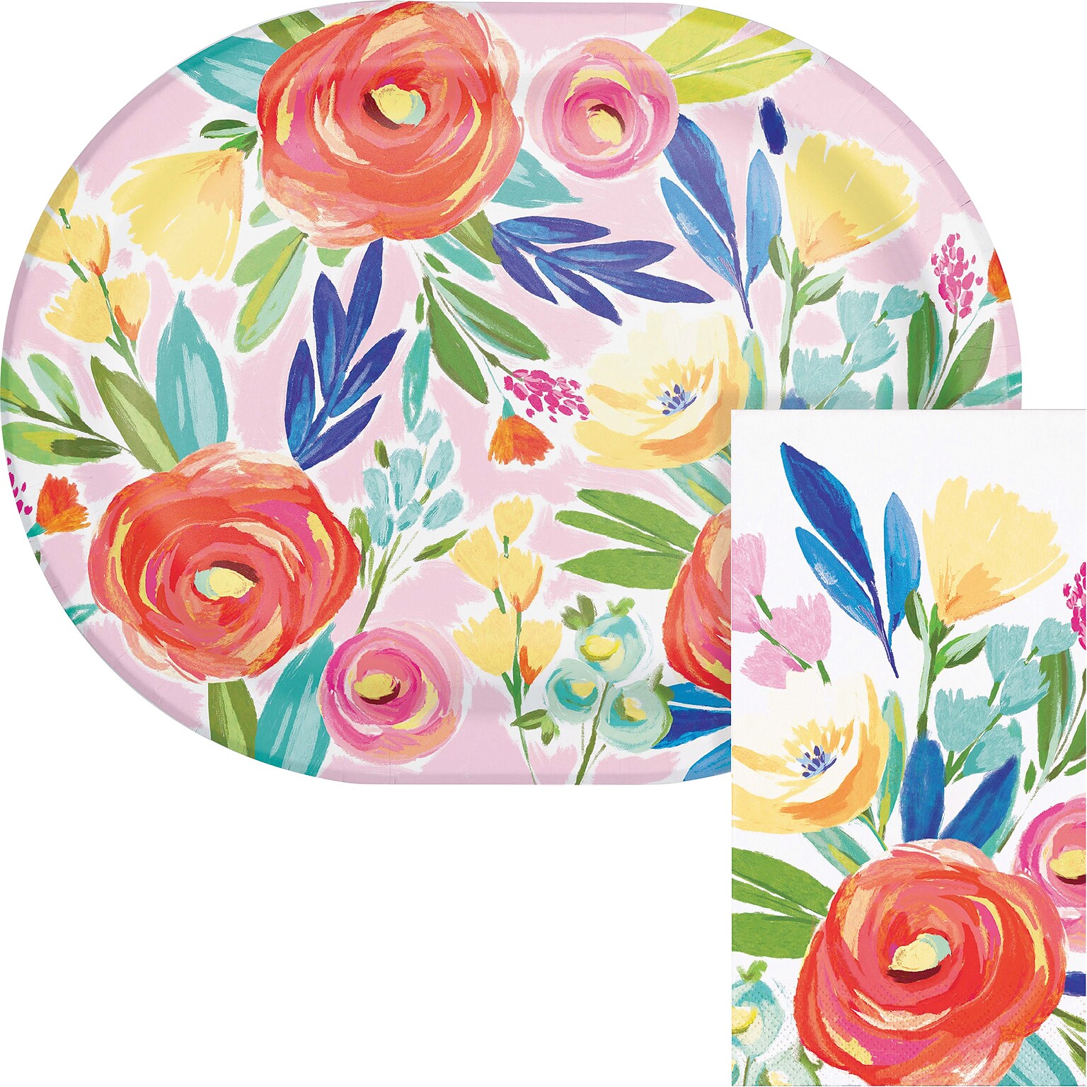 Say Hooray! Fragrant Florals Spring Oval Paper Plates and Dinner Napkins Set, 48/Pack (DTC9629E2H)