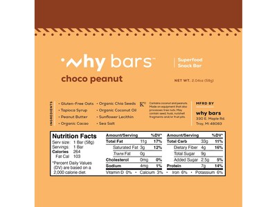 Why Bars Gluten-Free Choco Peanut Superfood Snack Bar, 2.04 oz., 12 Bars/Box (WB2)
