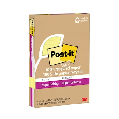 Post-it Recycled Super Sticky Notes, 4 x 6, Canary Collection, 45 Sheets/Pad, 4 Pads/Pack (4621R-4