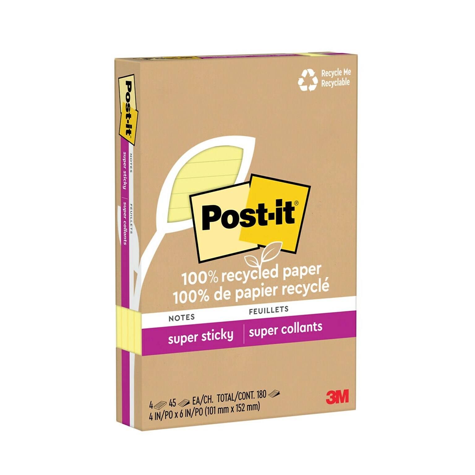 Post-it Recycled Super Sticky Notes, 4 x 6, Canary Collection, 45 Sheets/Pad, 4 Pads/Pack (4621R-4SSCY)