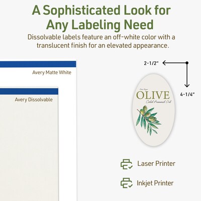 Avery Dissolvable Oval Multipurpose Labels, 4.25" x 2.5", Off-white, 30/Pack (94058)