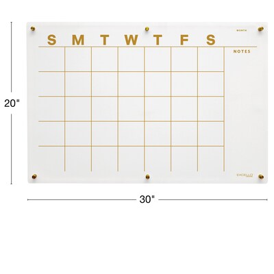 Excello Brands Acrylic Dry-Erase Calendar Whiteboard, 20" x 30", Gold Print (ACRYLBRD-CAL20X30-GLD)