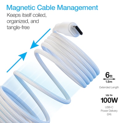 Naztech REcoil Magnetic USB-C to USB-C Braided Cable, 6 ft., White (16049)