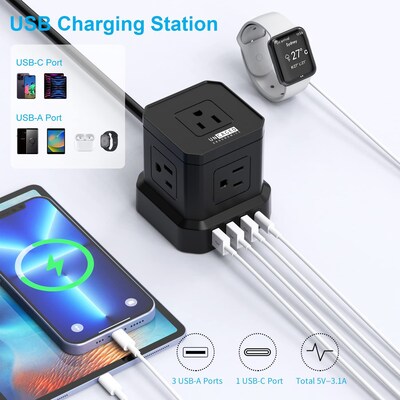 Uncaged Ergonomics Cube 5-Outlet 4-USB Port Surge Protector, 10', Black (PC-b-c)